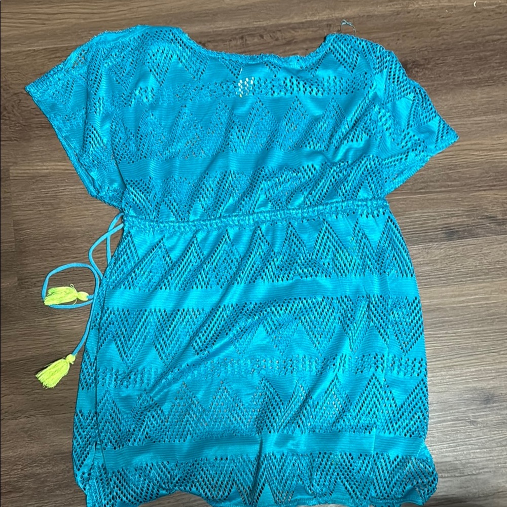 Juniors Blue Crochet Cover-Up with Tassels